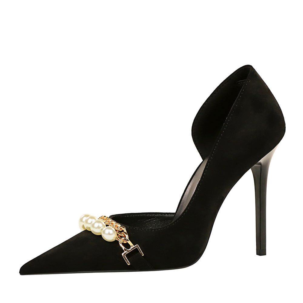 Women's Pearl-Embellished Metallic Chain Pointed-Toe Pumps - Elegant Side-Cutout Heels