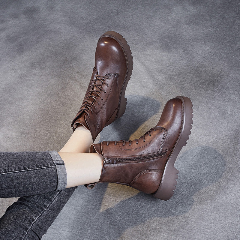 Women's Genuine Leather Chunky Heel Ankle Boots | Fleece-Lined Side Zipper | British Style
