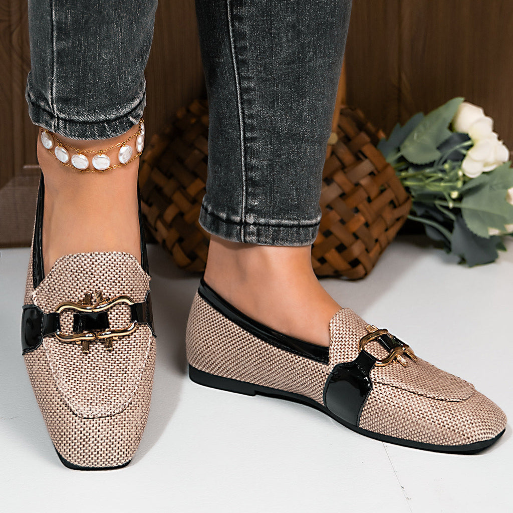 Square Toe Metal Buckle Slip-On Flat Shoes