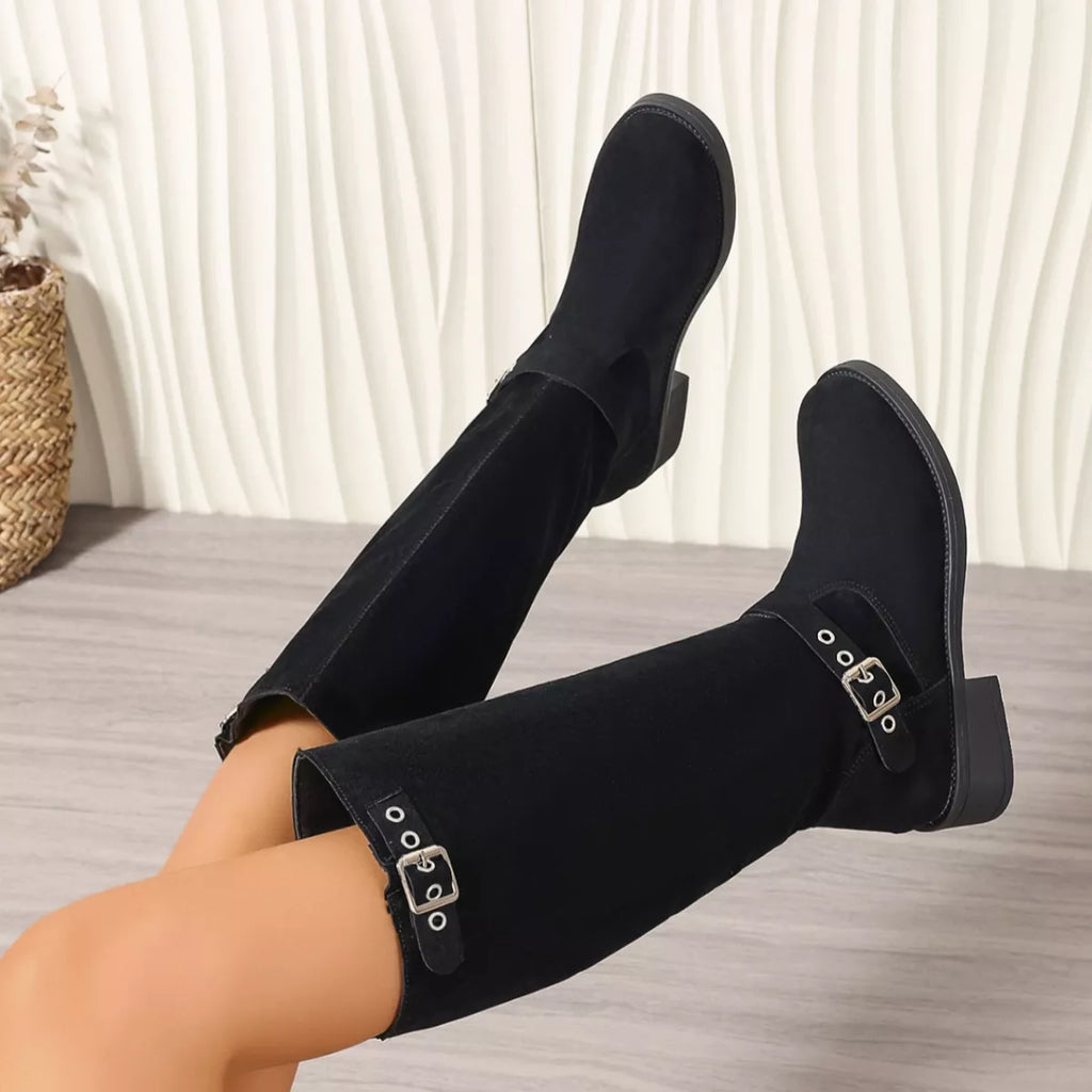 Women's Round Toe Block Heel Ankle Boots | Mid Heel Suede Zipper Boots