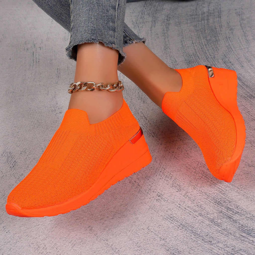 Women's Flyknit Mesh Breathable Wedge Sneakers | Slip-On Platform Casual Shoes