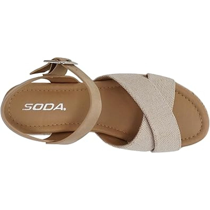 Soda Womens 8.5 FIRELY Tan Canvas Open Toe Ankle Strap 2.25" Platform Sandals