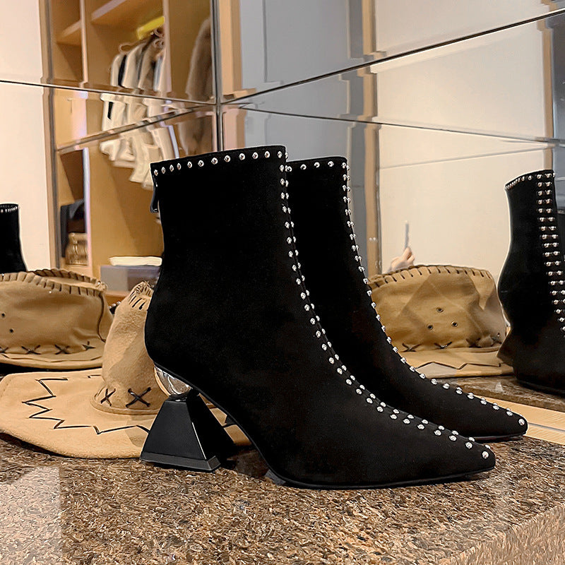 Women's Suede Pointed Toe Chunky Heel Ankle Boots – Back Zipper | Sizes 34–40