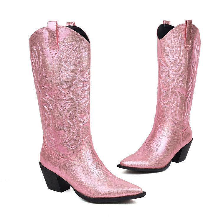 Women's Tall Western Boots – Embroidered Sequin Chunky Heel High Boot | Black, White & Pink