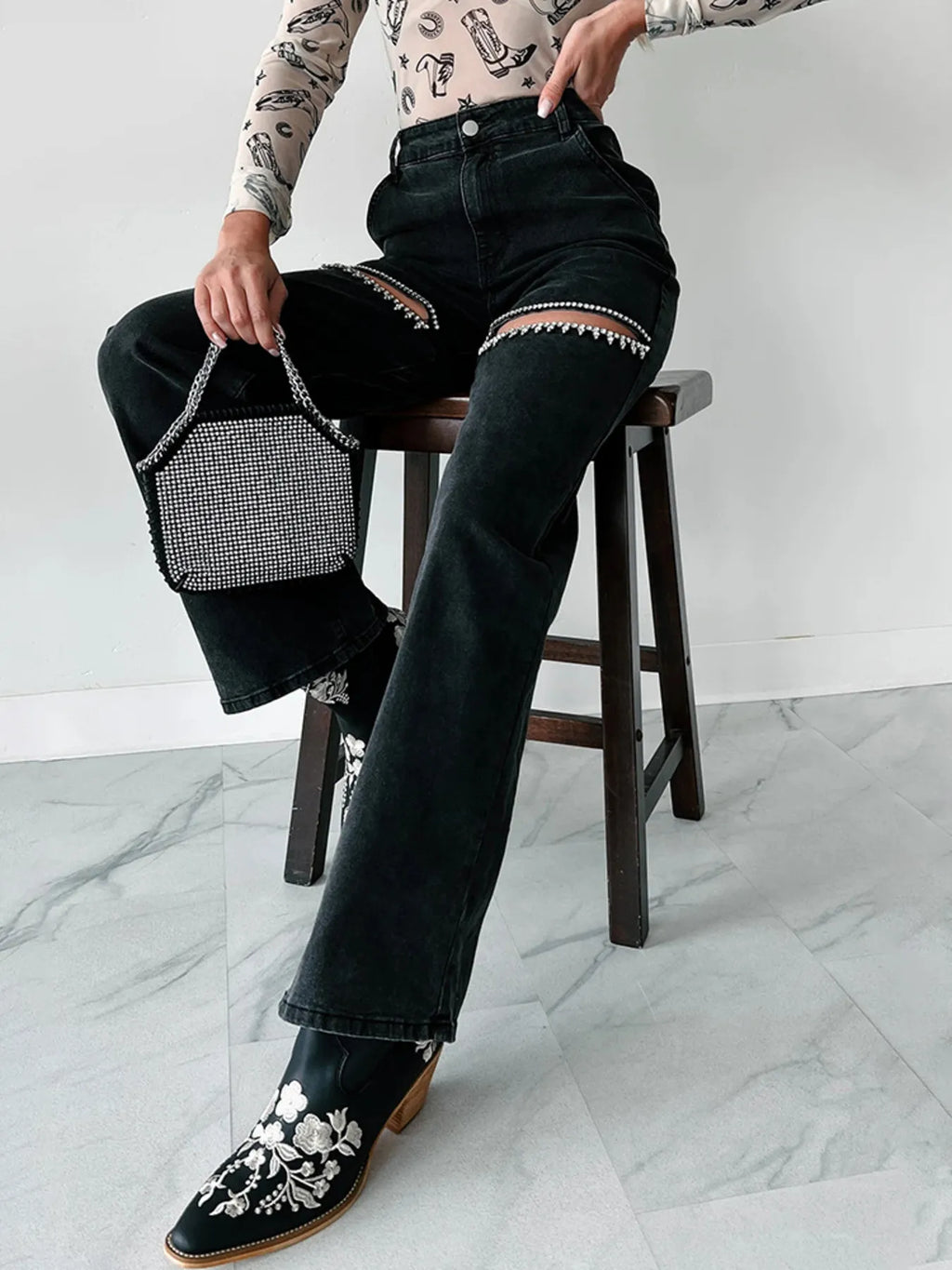 Ripped Wide Leg Wash Denim Jeans
