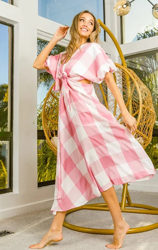 BiBi Front Tied Puff Sleeve Checkered Dress with Cut Out Detail