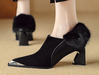 Women's Retro Pointed-Toe Chunky Heel Suede Boots with Side Zipper | Black & Brown