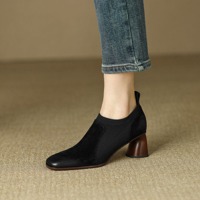 Women's Square Toe Chunky Heel Slip-On Pumps | Knitted Patchwork Leather High Heels | Black & Brown