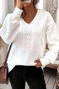 Solid Color Textured V Neck Drop Shoulder Knit Top
