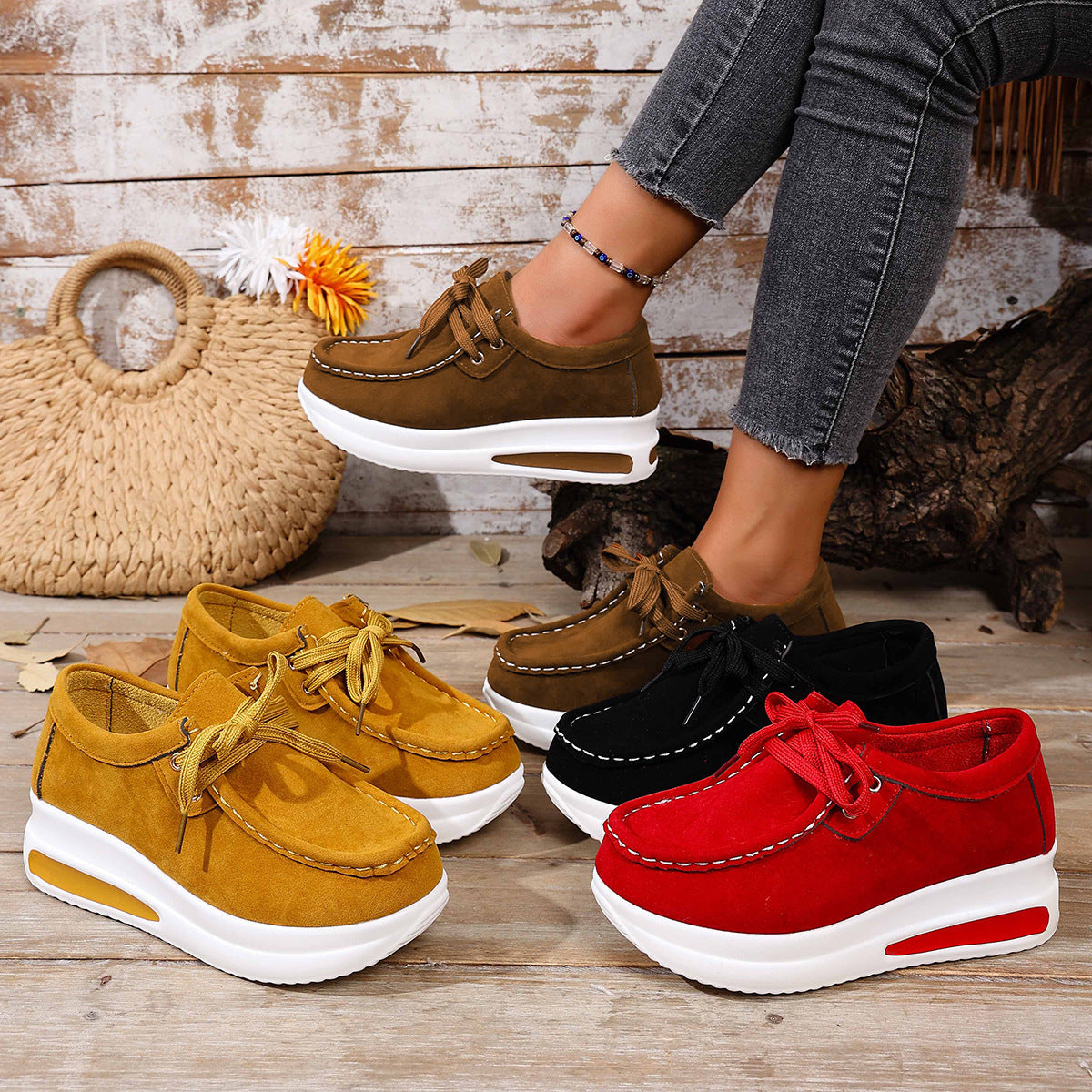 Women's Platform Loafers - Lace-Up Wedge Heel Casual Shoes