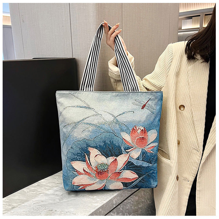 Gold-thread Canvas Crossbody Bag – Blue Floral | Stylish Everyday Shoulder Bag