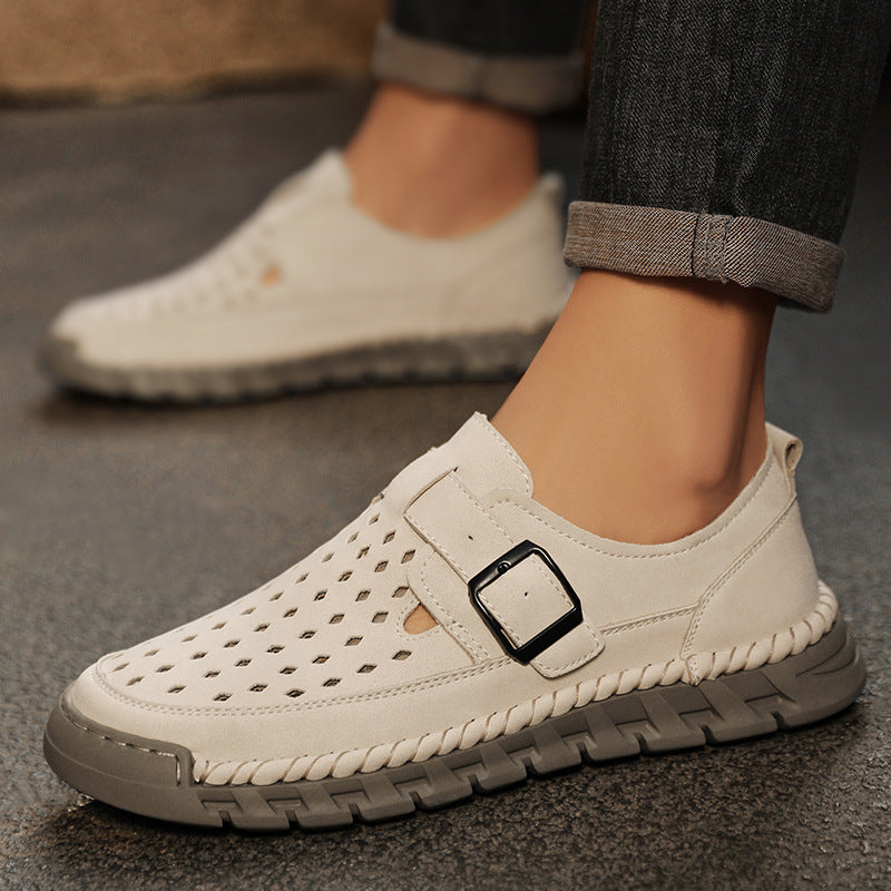 Men's Breathable Casual Leather Shoes | Stitched Buckle Low-Top Sneakers