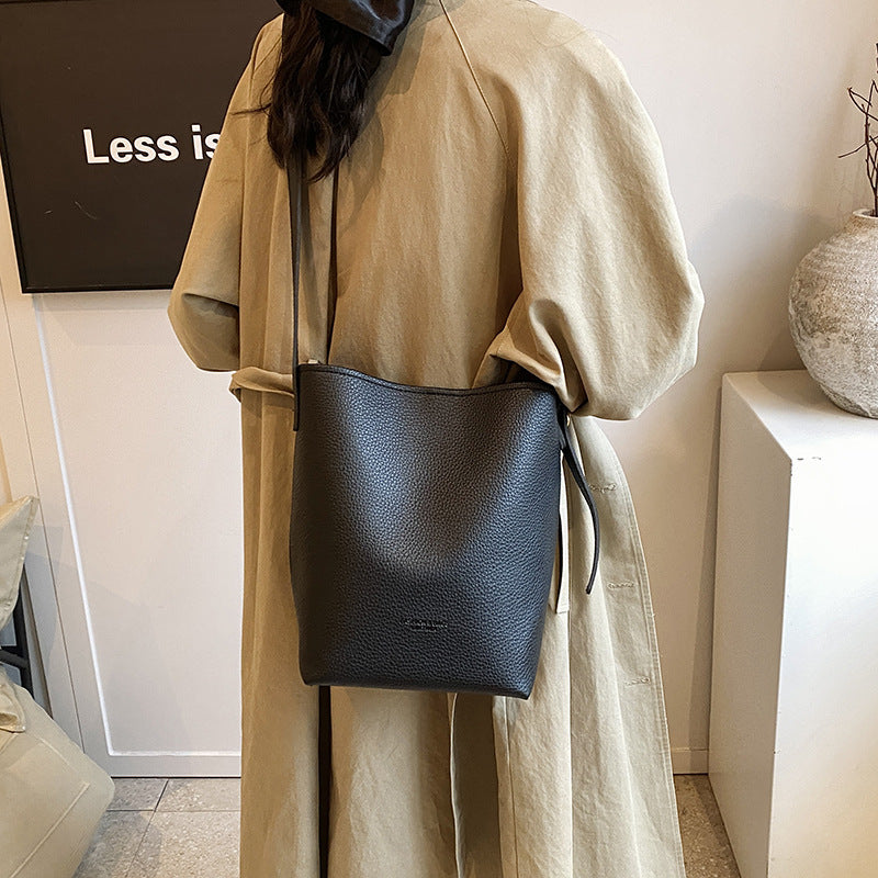 Women's Retro PU Leather Bucket Bag Set - Two-Piece Shoulder Bag with Letter Print
