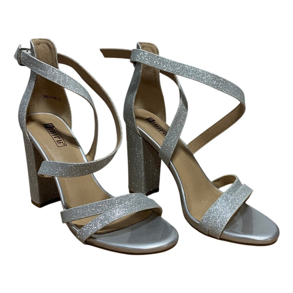 Idifu Womens Size 7.5 Silver Glitter 4" Heels Open Round Toe Ankle Strap Shoes