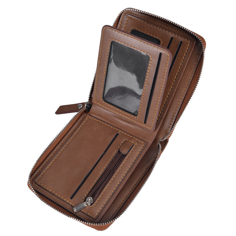 Men's Retro Multi-Card Zipper Wallet – PU Leather Slim Bifold with Coin Pocket
