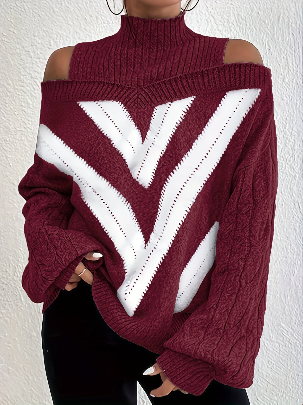 Elegant Plus Size Off Shoulder Striped Cable Knit Sweater