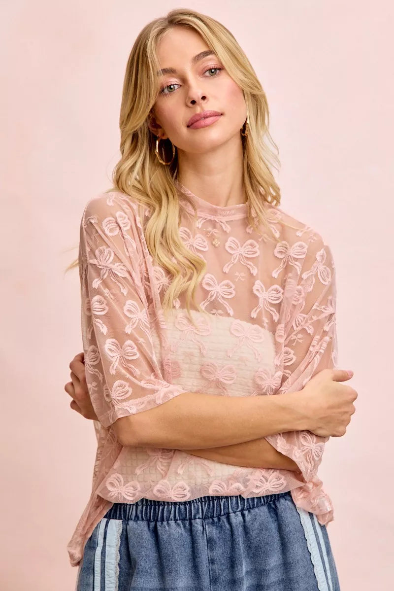 BiBi Bow Pattern Short Sleeves Boxy Mesh Top