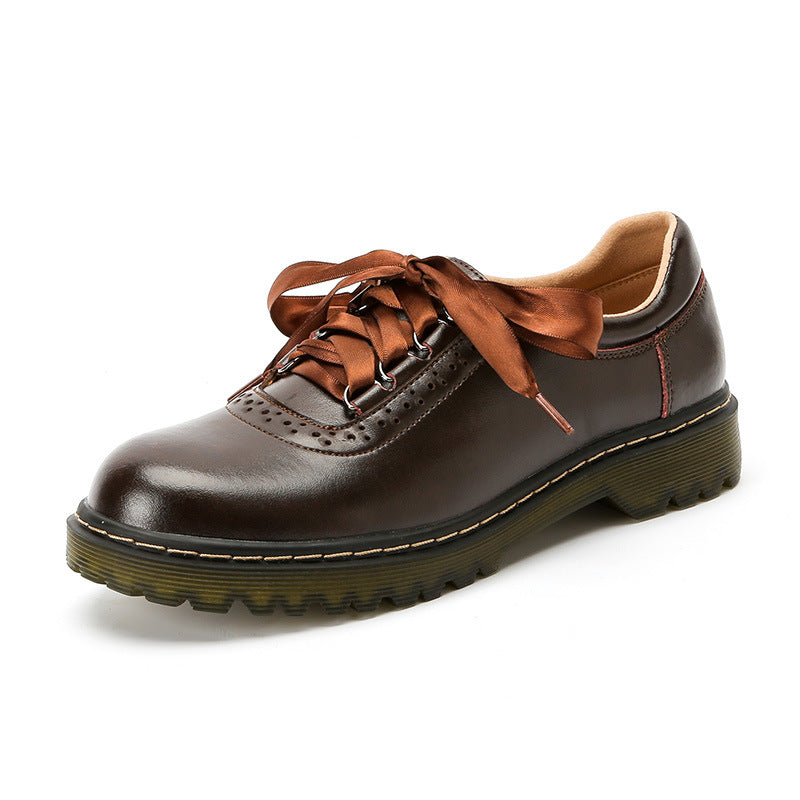 Women's Retro Silk Lace-Up Chunky Heel Pumps - Vintage British Style Leather Shoes