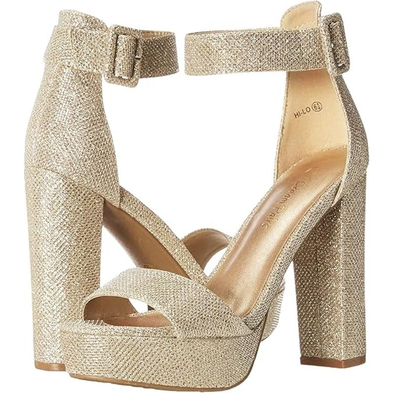 Dream Pairs Womens 5.5 Gold Glitter 5.75" Heel Open Round Toe Ankle Strap Shoes
