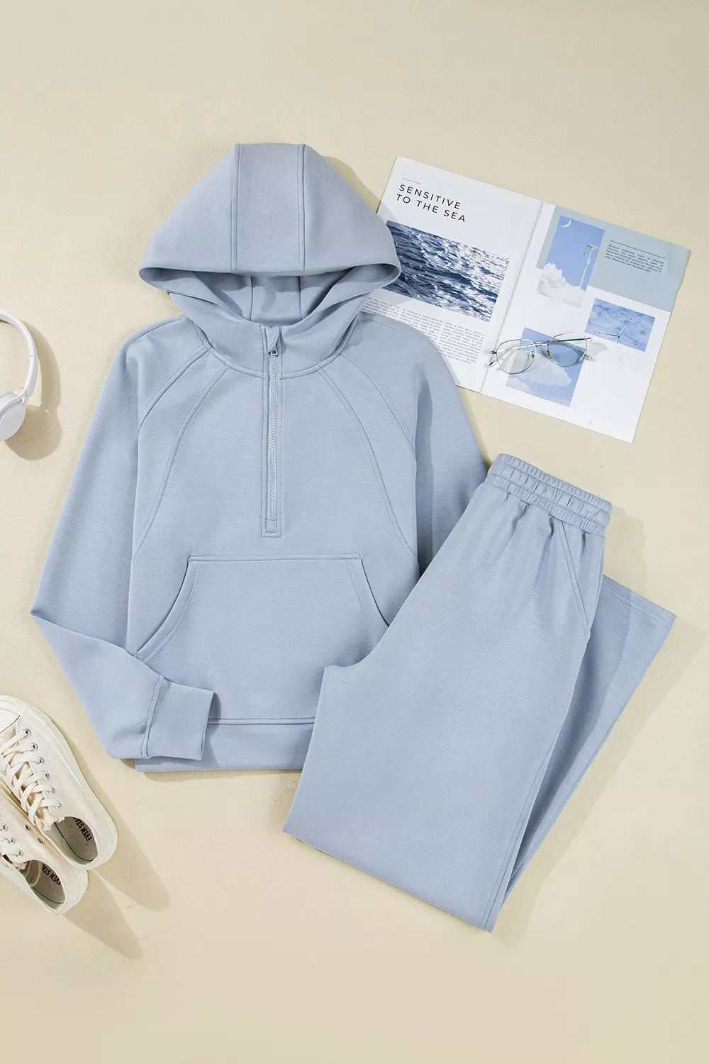 Half Zip Thumbhole Sleeve Hoodie and Pants 2pcs Outfit