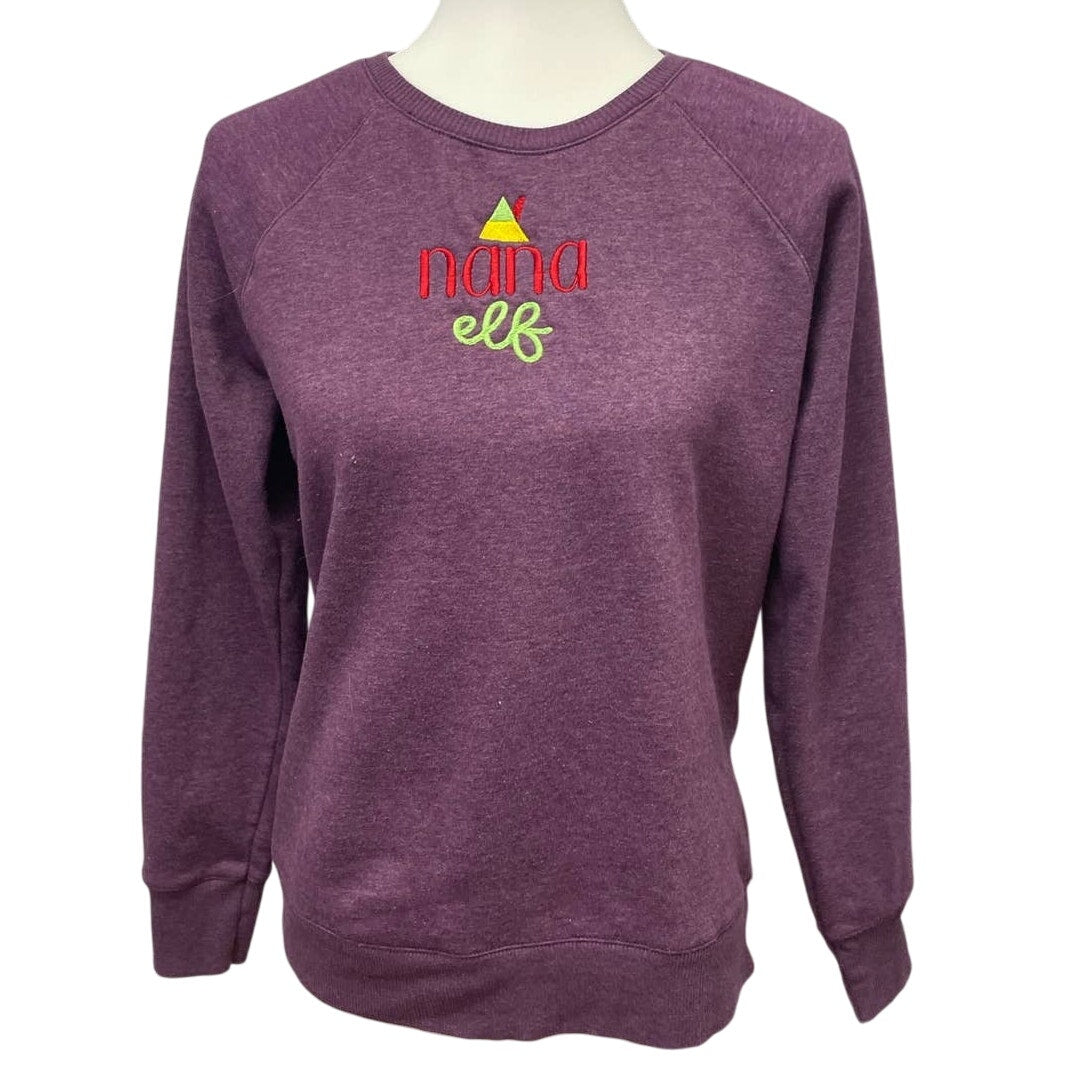 Nana Elf Womens Small Embroidered Christmas Crew Neck Cotton Blend Sweatshirt