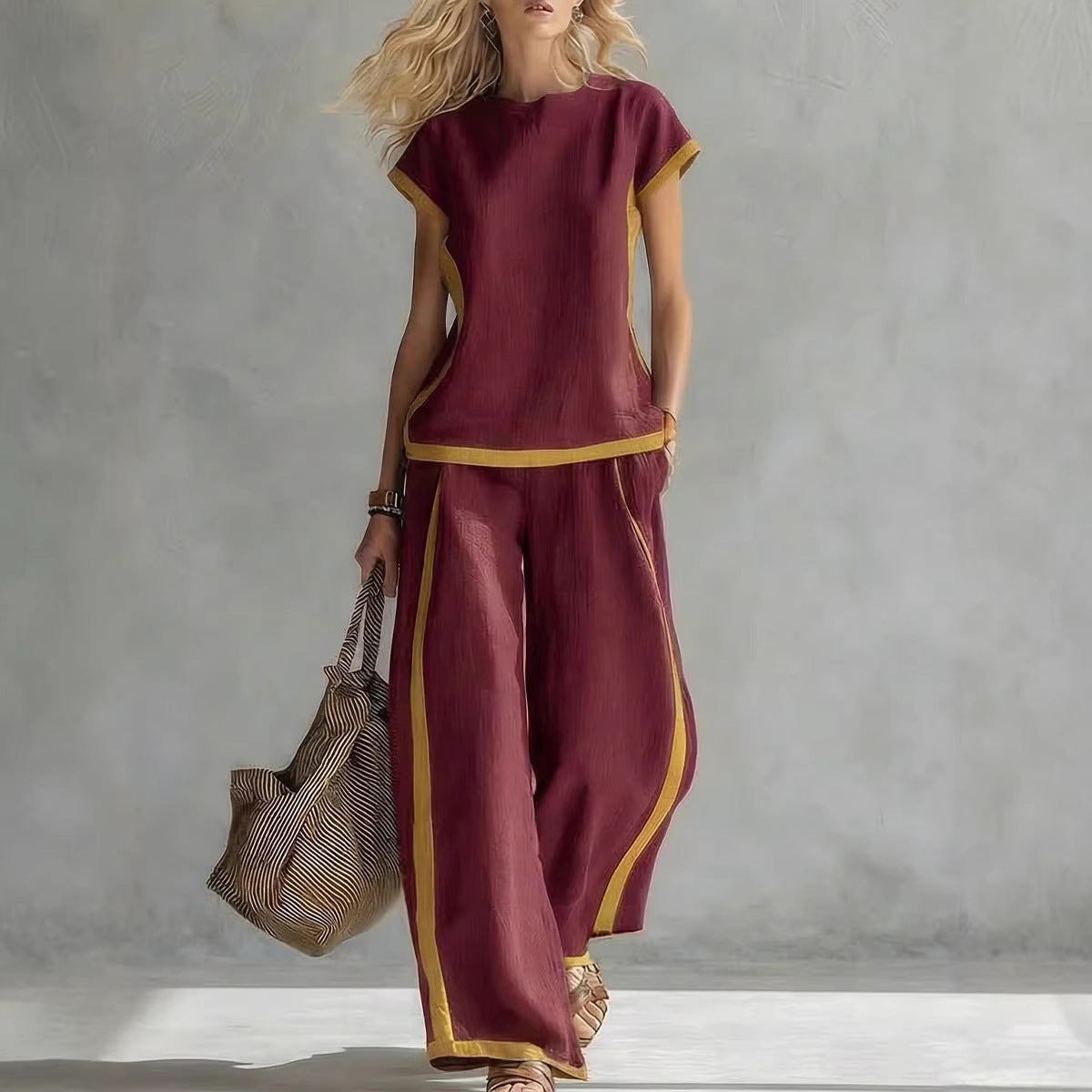 Solid Color Shirt & Wide-Leg Trousers Two-Piece Set