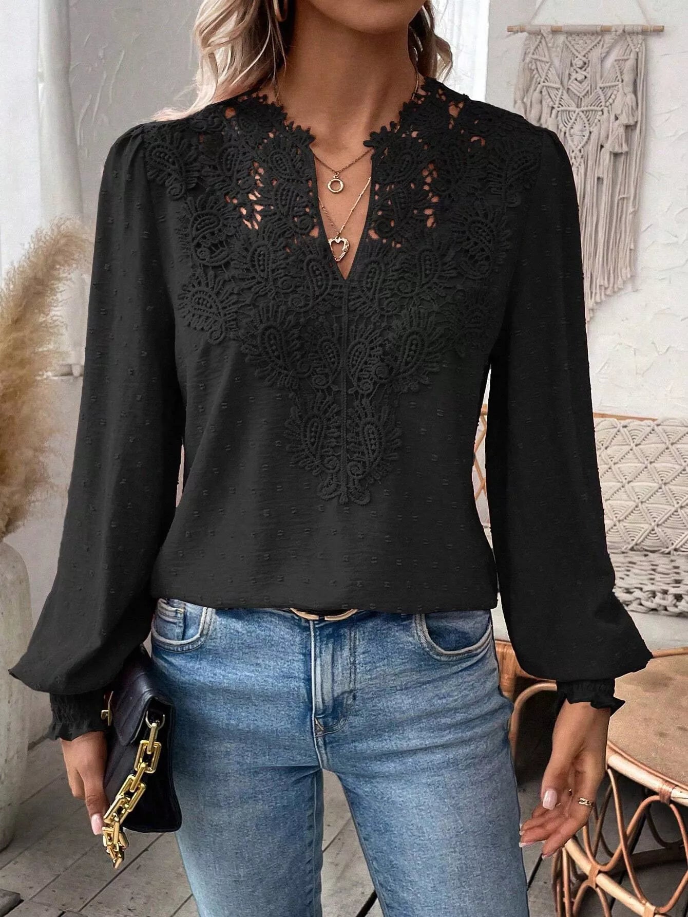 Swiss Dot Lace Detail Long Sleeve Blouse