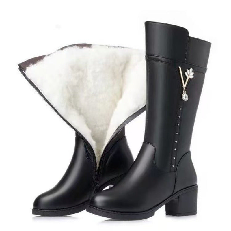 Women's Fleece-Lined Tall Boots with Wool Lining - Mid Heel Winter Boots with Side Zipper