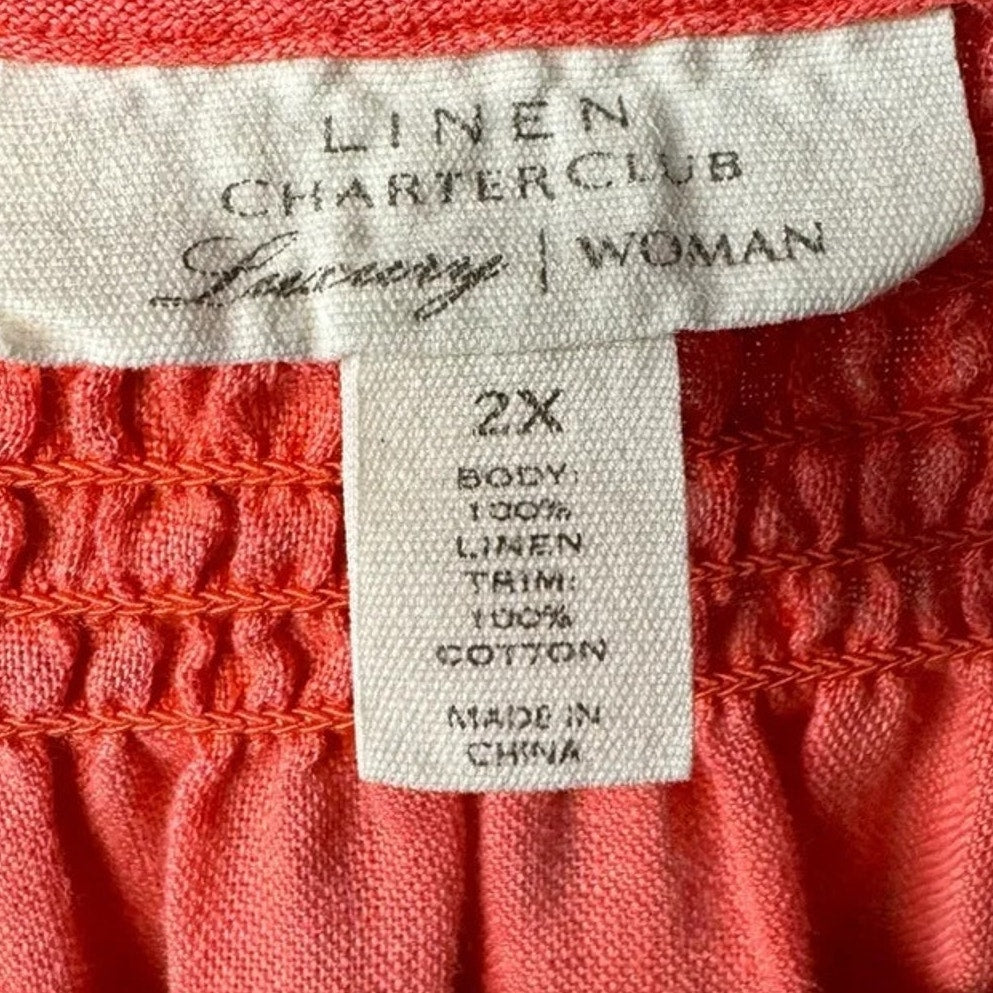 Charter Club Womens 2X Pink Linen Long Sleeve Crew Neck Floral Lace Trim Top