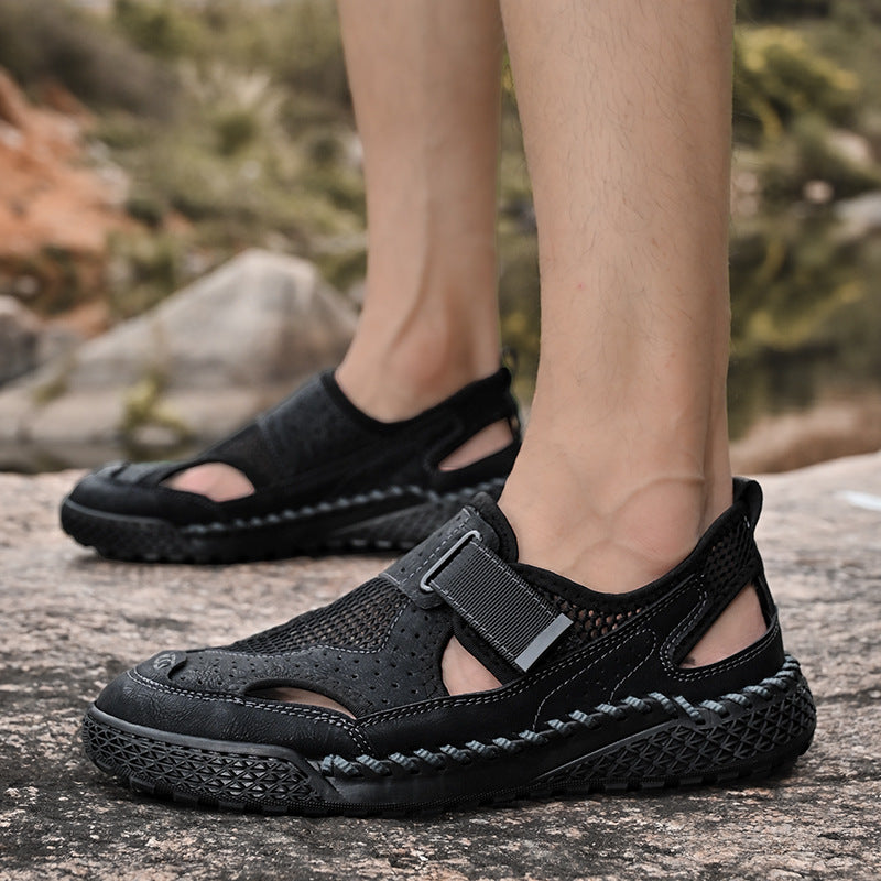 Men's Breathable Leather Mesh Closed-Toe Sandals with Velcro Strap - Genuine Leather & Rubber Sole
