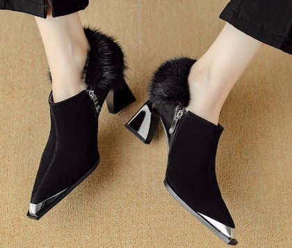 Women's Retro Pointed-Toe Chunky Heel Suede Boots with Side Zipper | Black & Brown