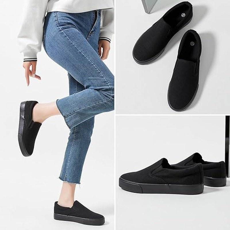 Womens Size 9 Black Sneakers Slip On Round Toe Low Top Canvas Shoes