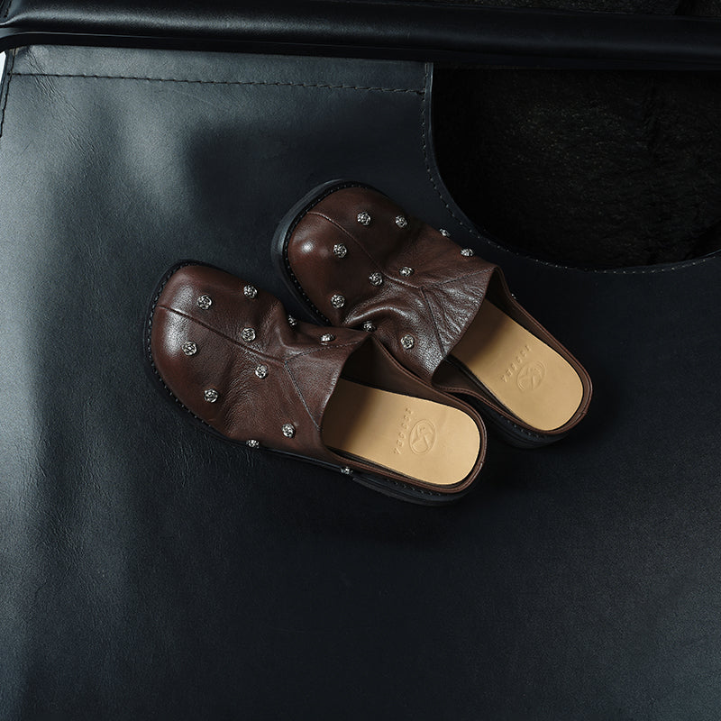 Full Grain Leather Studded Mules