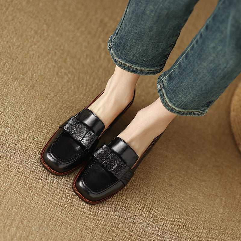 Women's Genuine Cowhide Leather Chunky Heel Commuter Shoes | Square Toe Block Heel Pumps