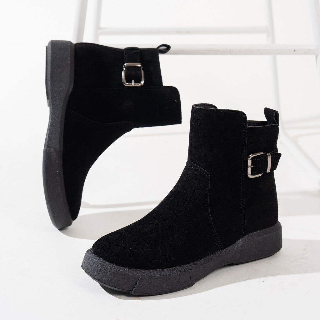 Women's Round Toe Ankle Boots with Side Zipper - Flat Heel Suede Boots