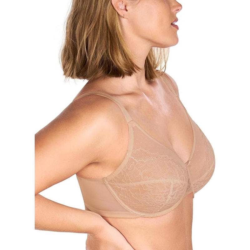 New HSIA Womens Size 38DD Tan Underwire Minimizer Lifting Floral Lace Bra