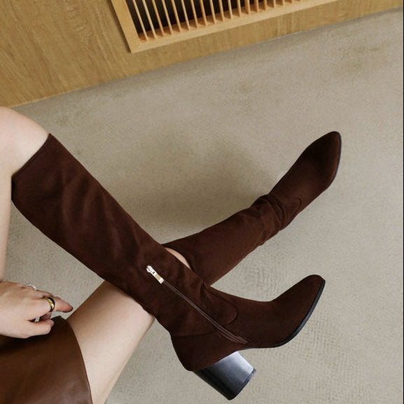 Women's Suede High-Top Boots – Chunky Heel, Pointed Toe, Side Zipper | Sarah Express