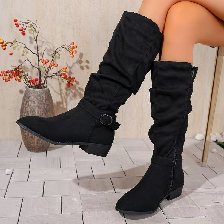 Belt Buckle High Shaft Suede Long Boots
