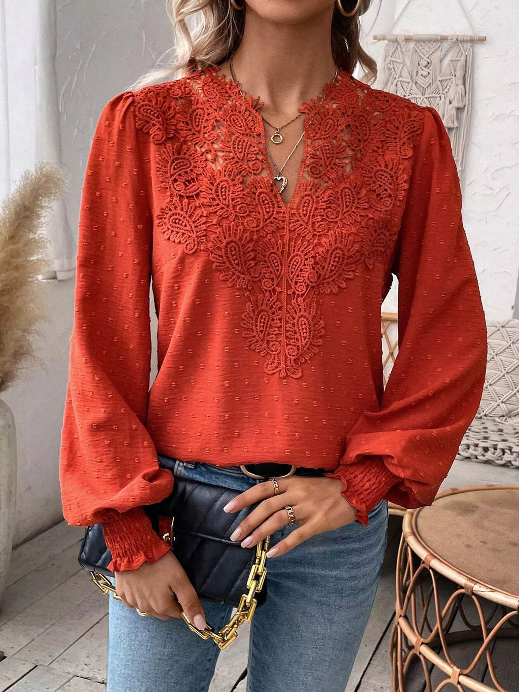 Swiss Dot Lace Detail Long Sleeve Blouse