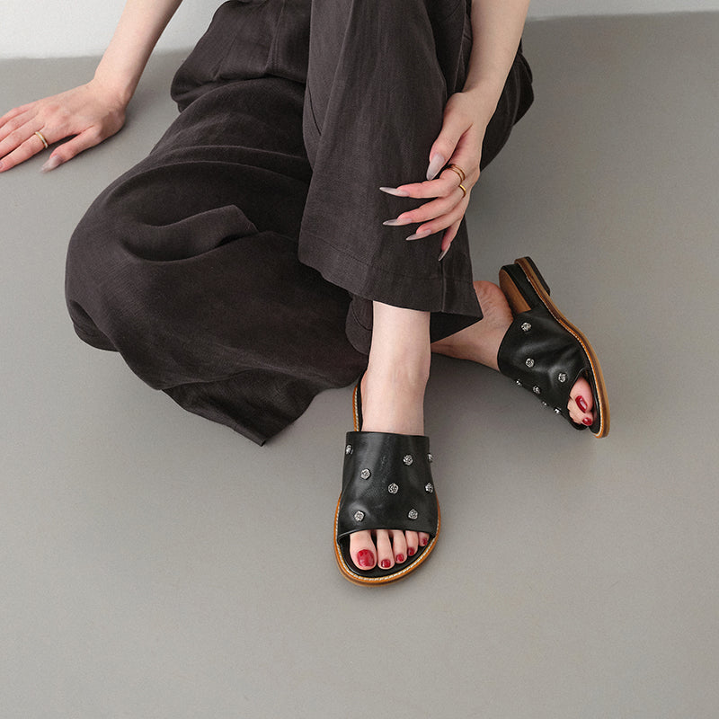 Women's Studded Leather Slide Sandals | Open Toe Flat Mules