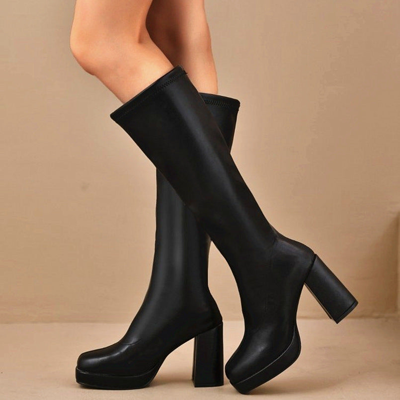 Women's Chunky Heel Leather Boots - High Shaft Round Toe Lace-Up Winter Boots