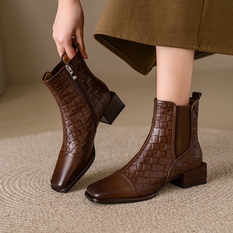 Retro Woven Square-Toe Chunky-Heel Women's Full-Grain Leather Boots with Elastic Side Panels