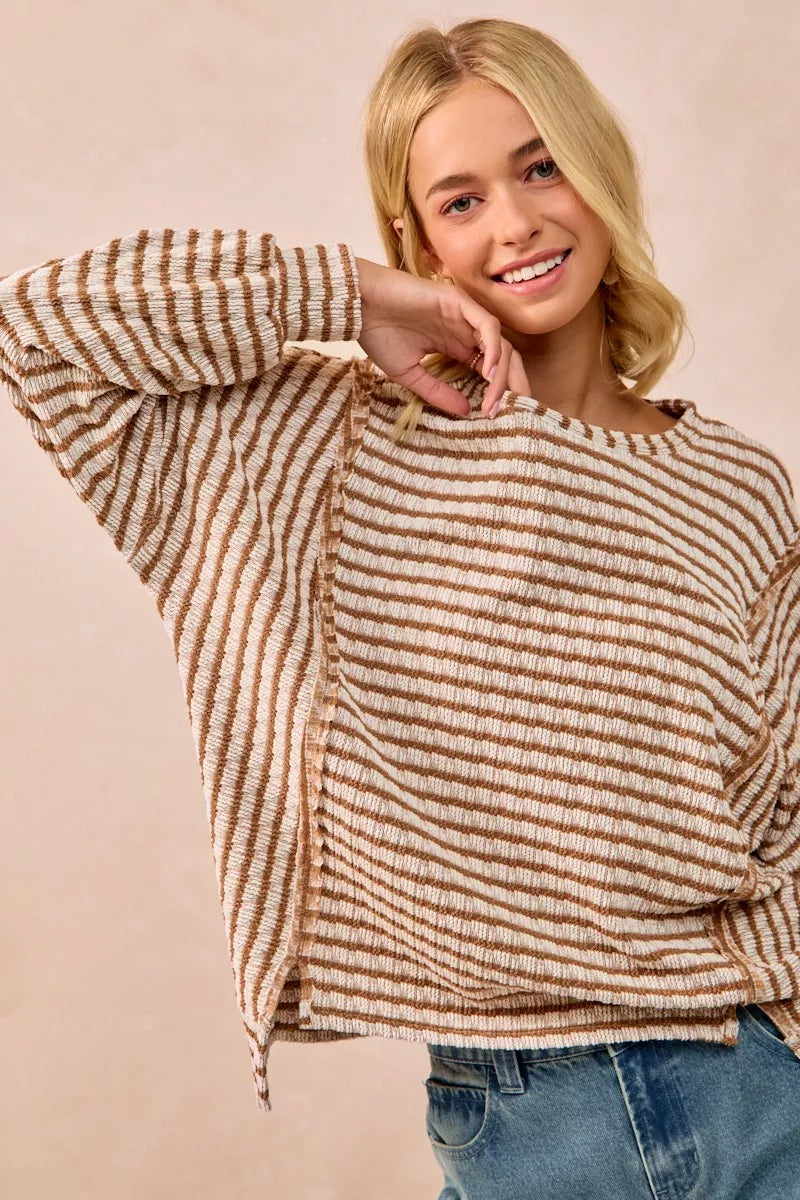 BiBi Open Seam Detail Textured Stripe Knit Top