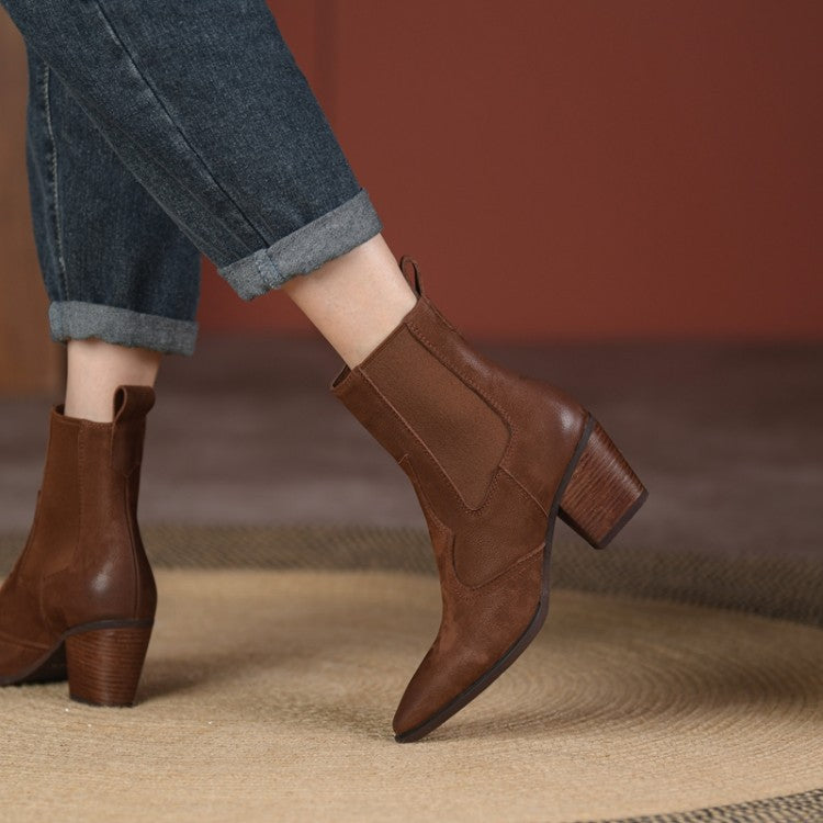 Women's Retro Pointed-Toe Ankle Boots with Elastic Band and Chunky Heel