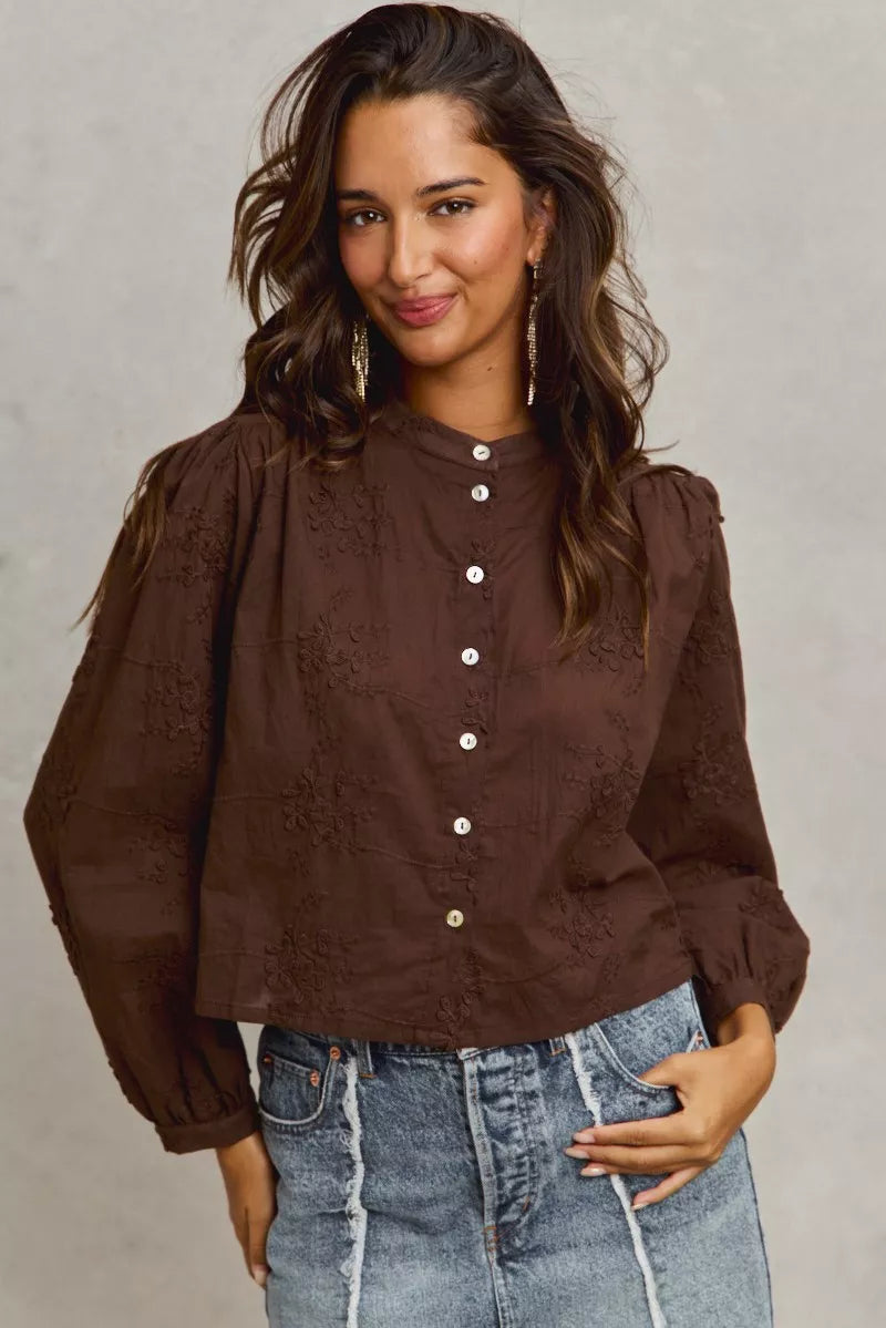 SO ME 3d Floral Woven Long Sleeve Front Button Shirt