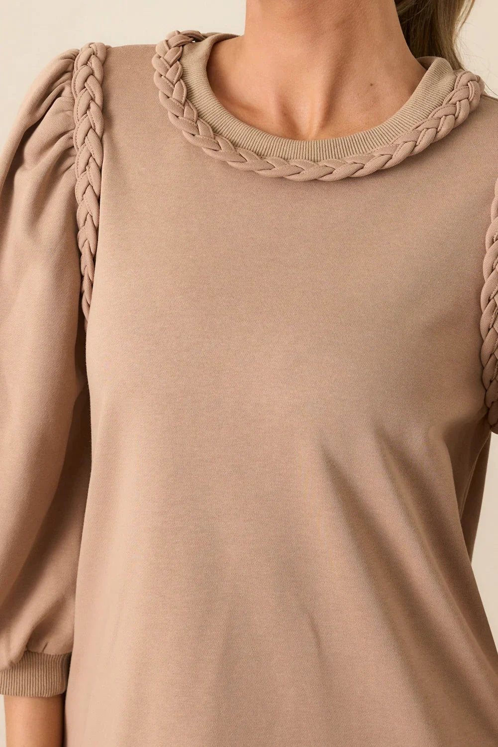 Light French Beige Twist Braided Embellished Puff Sleeve Dress