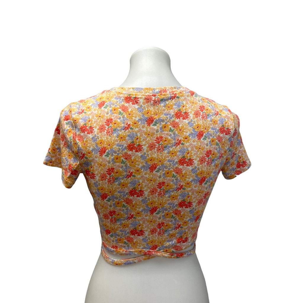 Arizona Womens Medium Cropped Straps Short Sleeve Floral Tee Halter Top Shirt