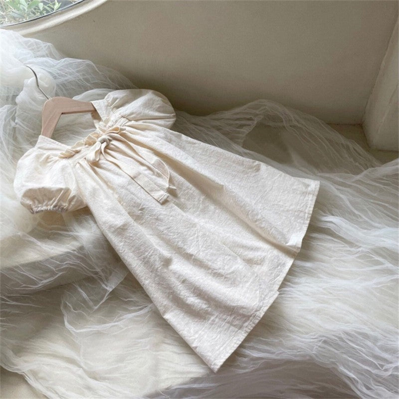 Girls Bow Bubble Sleeve Floral Square Neck Dress