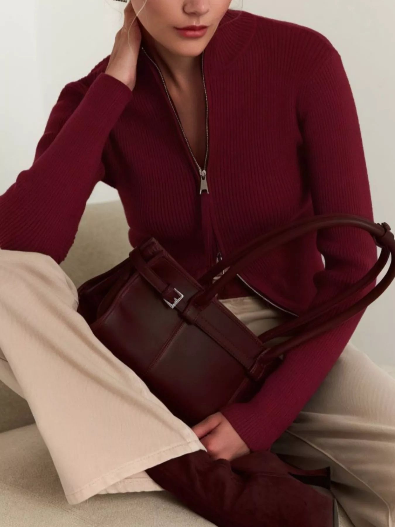 Ribbed Knit Zip-Up Cardigan