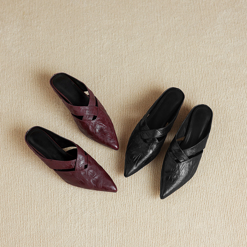 Women's Lambskin Pointed Toe Mules | Crisscross Low Heel Leather Slides